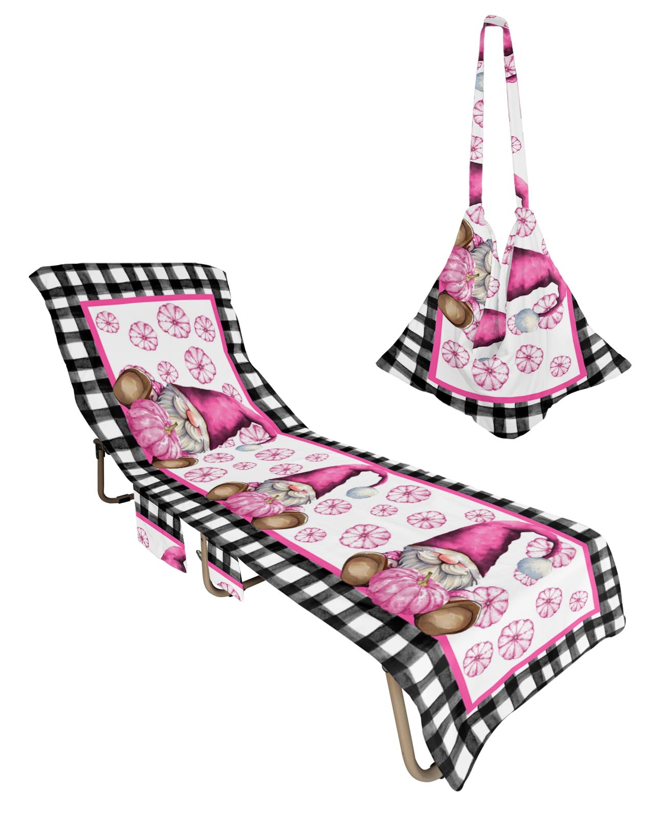 Funny Gnomes, Beach Lounge Chair Towel Cover, Soft Chaise Lounge Towel with Side Pockets Patio Pool Chairs Cover for Beach/Pool Sunbathing 29x85 Thanksgiving Fall Pink Autumn Pumpkin Plaid