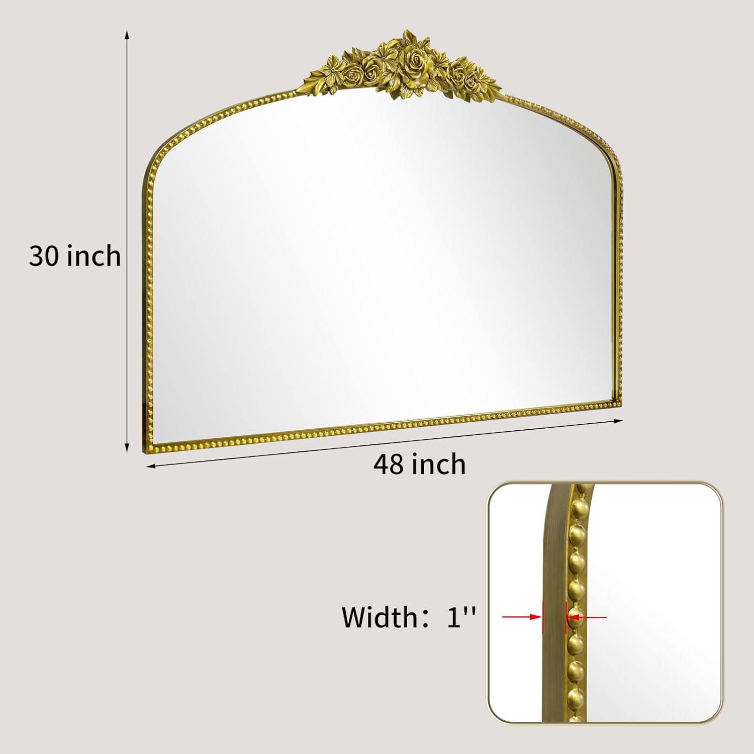 Antique Gold Arched Wall Mirror, 48"x30" Baroque Vintage Mirror with Ornate Metal Frame, Large Traditional Home Decor Bathroom/Wall/Vanity/Mantel/Bedroom/Entryway/Hallway