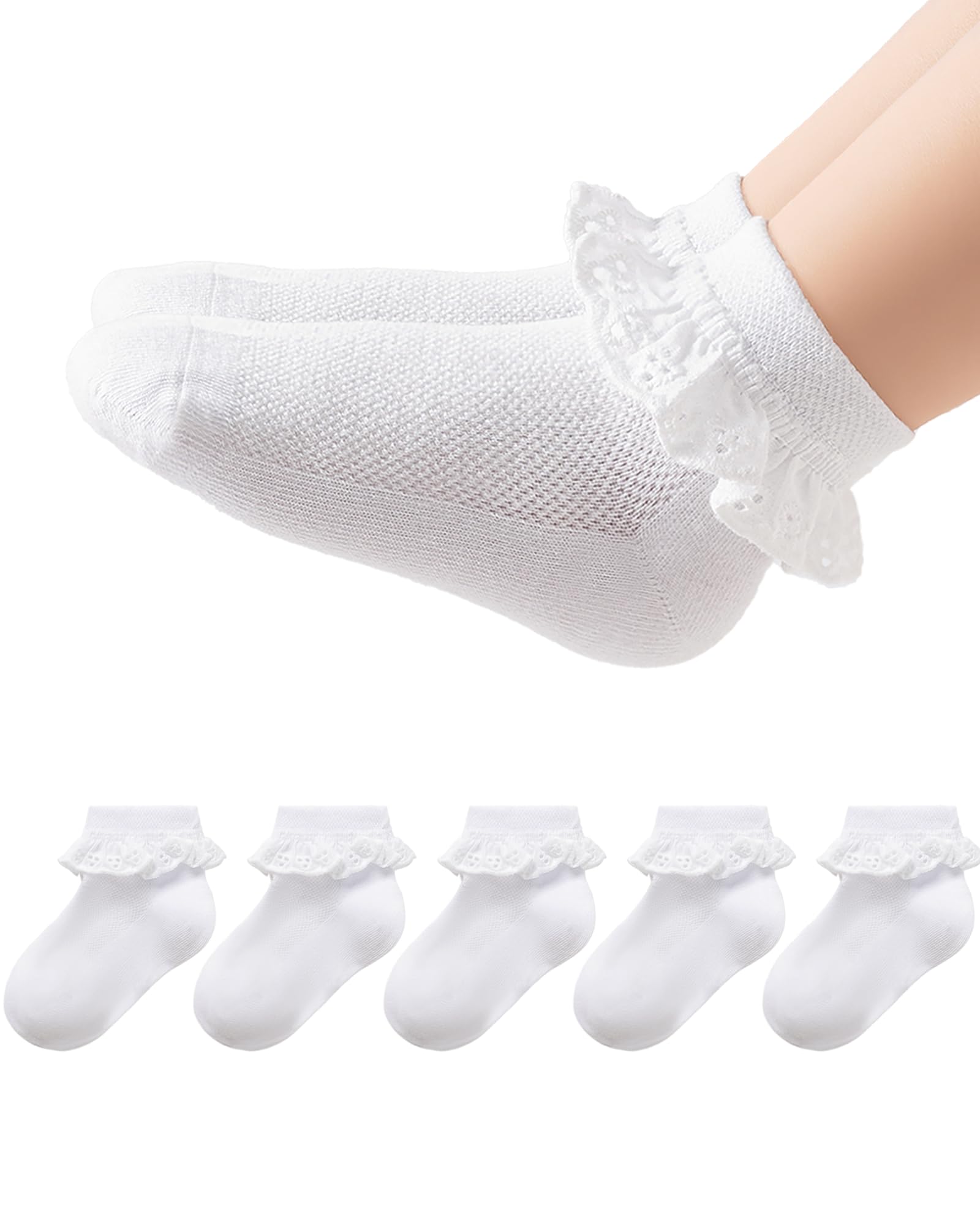 Funjoon 2-8Y Girls Toddler Little Girls White Ruffle Socks Dress Lace Frilly Cute Ankle Cotton School Socks