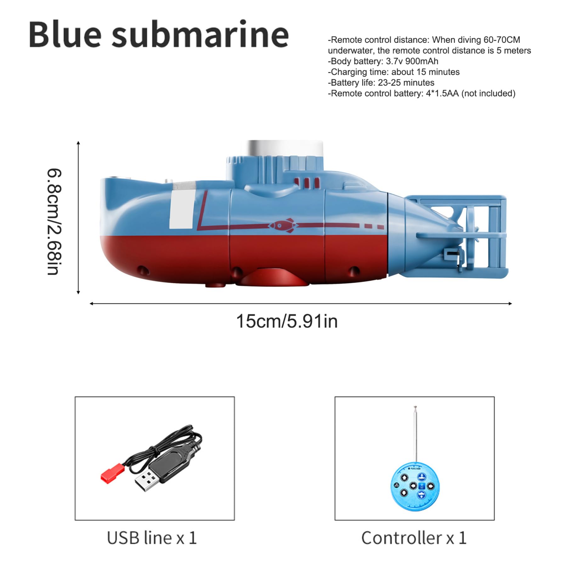 Sottomarino telecomandato Simulazione impermeabile Sottomarino Giocattolo RC multidirezionale USB ricaricabile per piscine Serbatoio d'acqua Giocattolo blu Telecomando