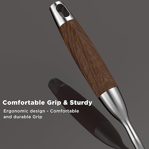Miniatura 4 de UBTKEY Cuchara ranurada de acero inoxidable, mango de metal (mango de madera de pera)