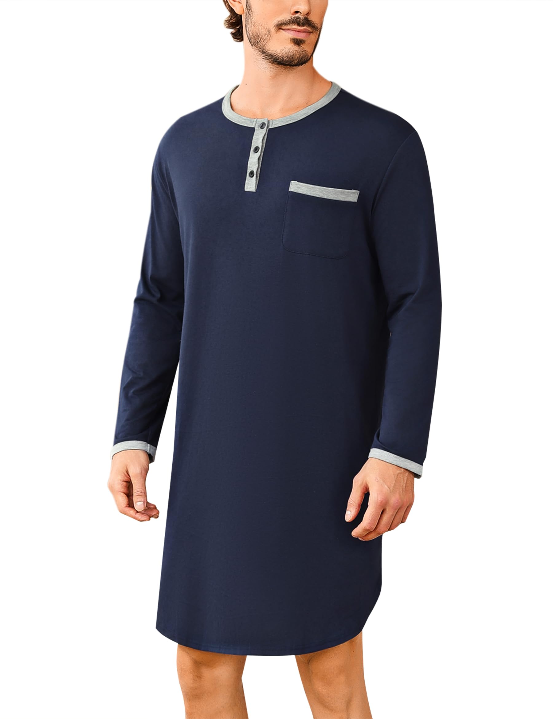 Uniexcosm Nachthemd Herren Langarm Einteiler Schlafshirt Rundhals Einteiliger Schlafanzugoberteile Pyjama Tops Bequem Nachtwäsche Sleepshirt mit Knopfleiste und Brusttasche