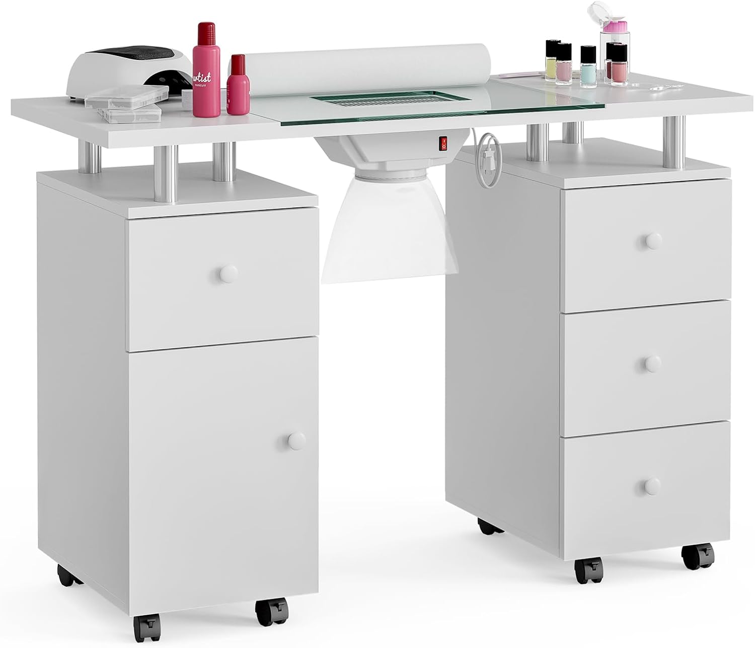 Belandi Manicure Table, Glass Top Nail Tech Desk Nail Table