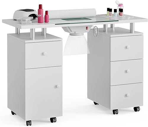 Mesa de manicura, estación de mesa de escritorio de uñas con parte superior de vidrio para tecnología de uñas con ventilación eléctrica de corriente