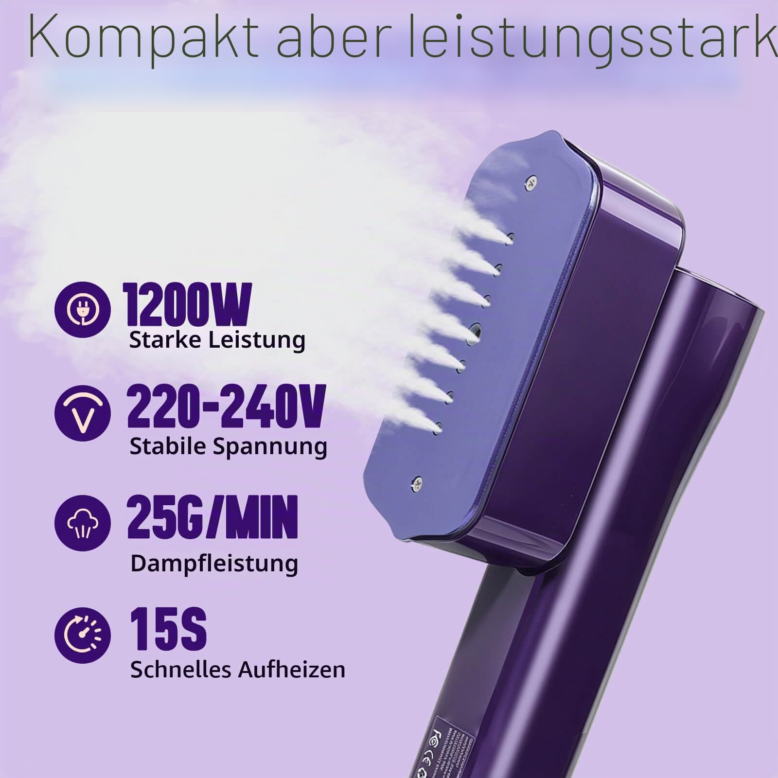 Reise Dampfglätter 1200W, Tragbares Dampfbügeleisen, 2-in-1 Reisebügeleisen | 15S Aufheizzeit, 4 Bügelmodi, LED-Touchscreen, 100ML Wassertank | Steamer Kleidung für Reise, Business und Zuhause（Lila）
