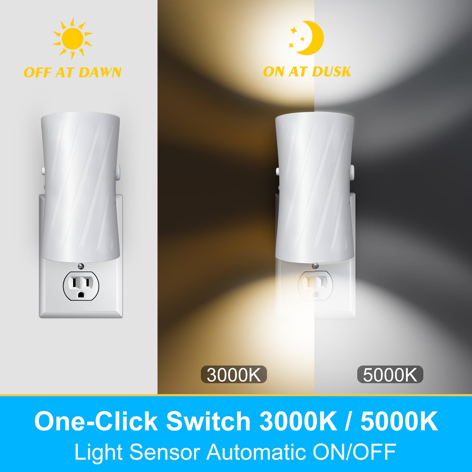 LED-Nachtlichter zum Einstecken in die Wand, 3000 K/5000 K umschaltbar, 2 Stück, Nachtlicht zum Einstecken, 0–100 lm, dimmbares Nachtlicht, modernes Nachtlicht, Dämmerung bis Morgendämmerung, Sensor