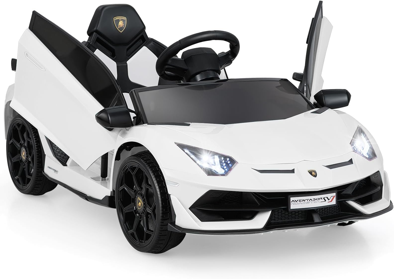 12V Kids Electric Ride on Car, Battery Powered Licensed Lamborghini Toy Car with Remote Control, LED Lights, Music, MP3, Spring Suspension, Children Electric Vehicle for 3+ Years Old (White)