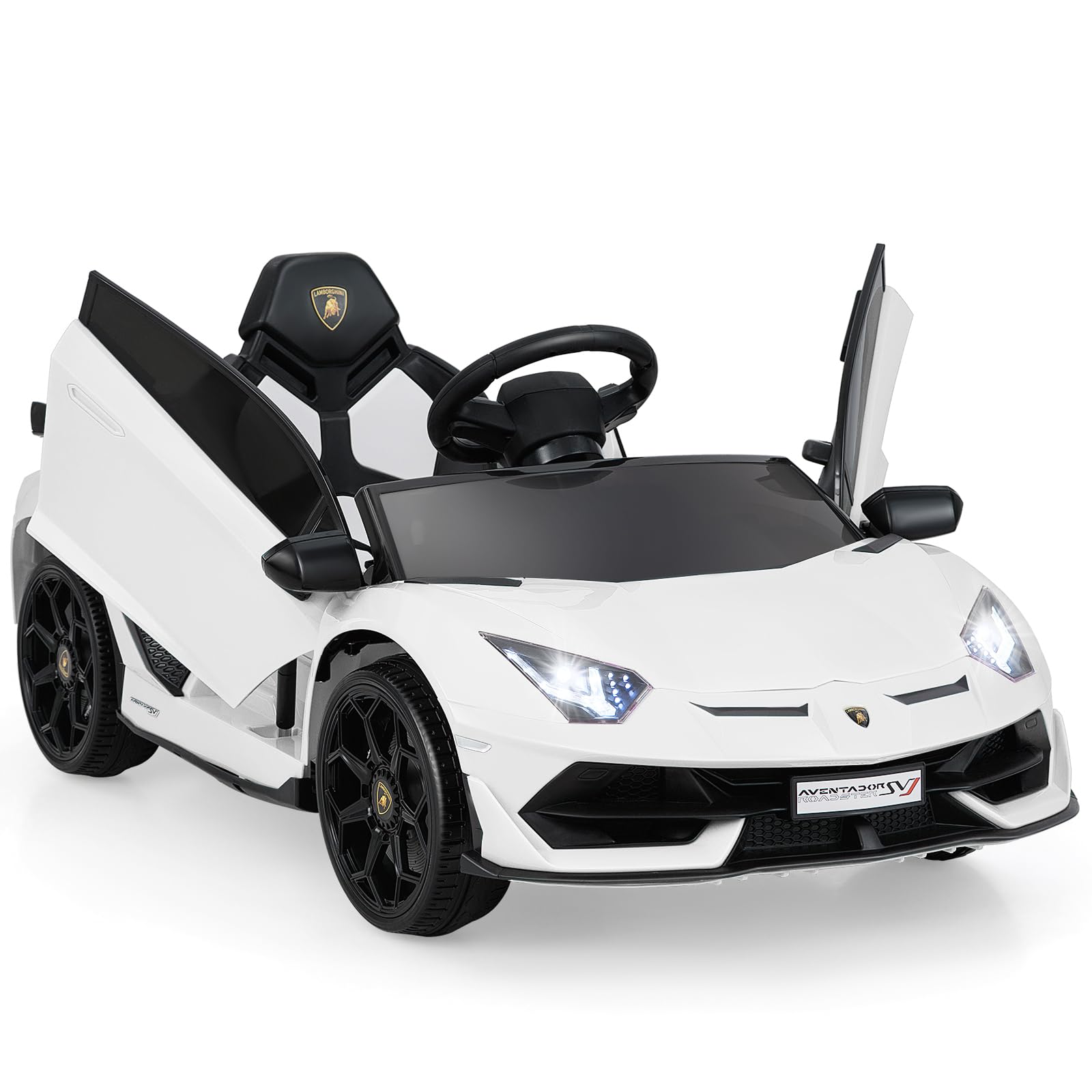 Maxmass 12V Kids Electric Ride on Car, Battery Powered Licensed Lamborghini Toy Car with Remote Control, LED Lights, Music, MP3, Spring Suspension, Children Electric Vehicle for 3+ Years Old (White)