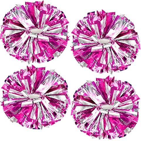 ZONITOK 4Pcs Metallic Cheerleading Pom Poms, Cheerleader PomPoms with Baton Handle, Cheering Squad Pompoms for Kids Adults School Dance Sports Team Spirit Cheering (Rose+Silver) Cover