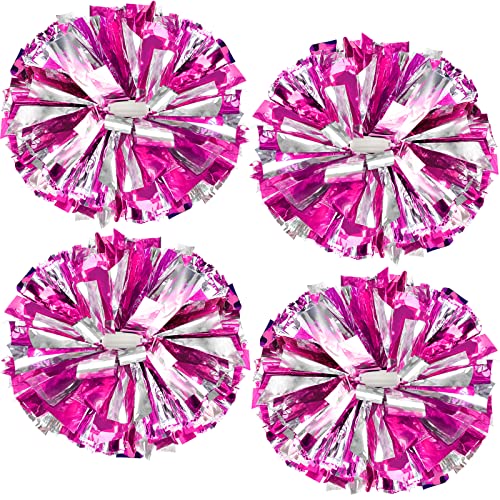 4Pcs Upgraded 12inch Metallic Cheerleading Pom Poms, HOLENGS Cheerleader Pompoms Cheer Poms for Kids Adults, Cheering Squad Pompoms for School Sports Games Dance Party (Rose and Silver)