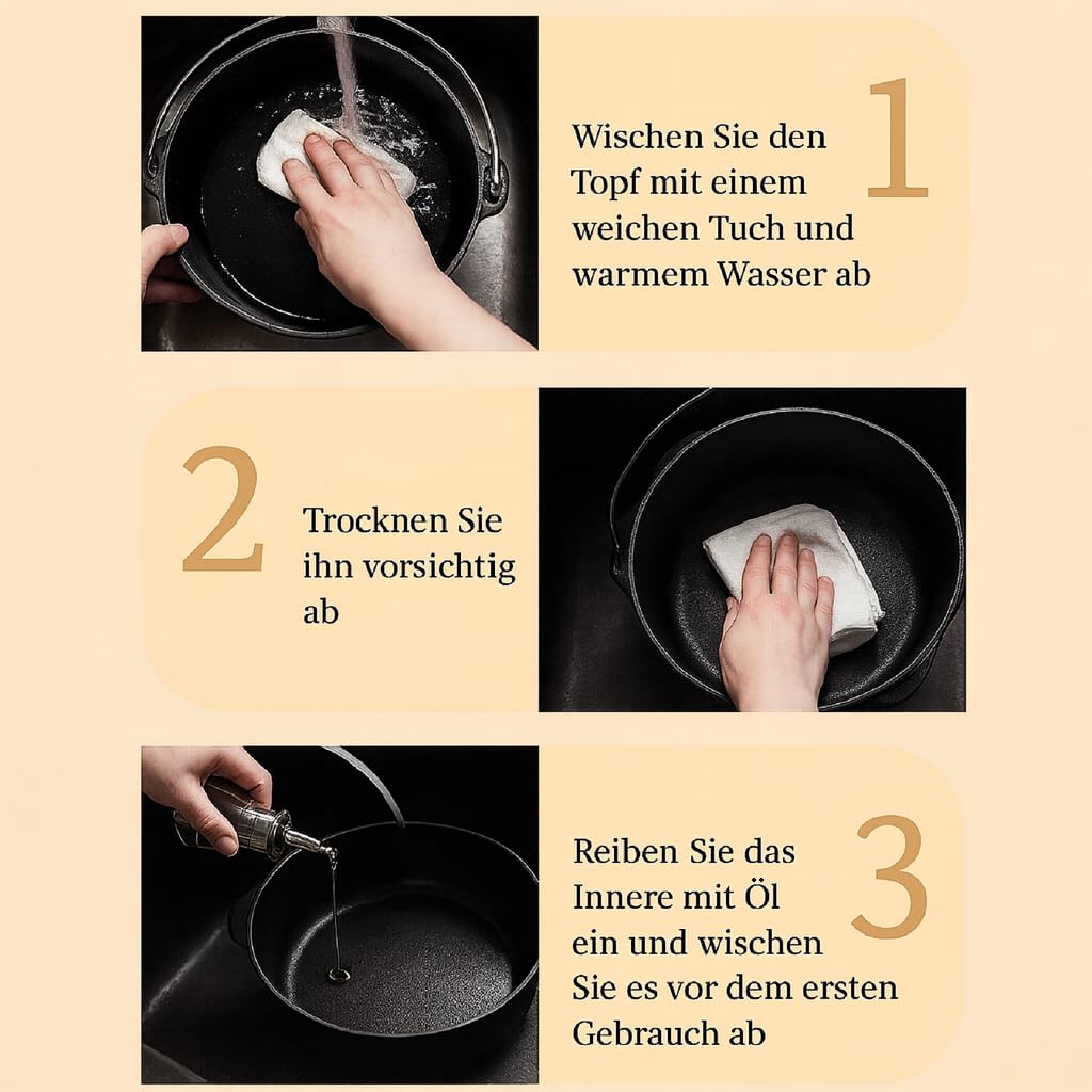 QLS Kociołek żeliwny Dutch Oven 6 L z pokrywą | Masywne żeliwo równomiernie trzyma ciepło. Do zup, gulaszy i duszenia na grillu, żarze lub ognisku