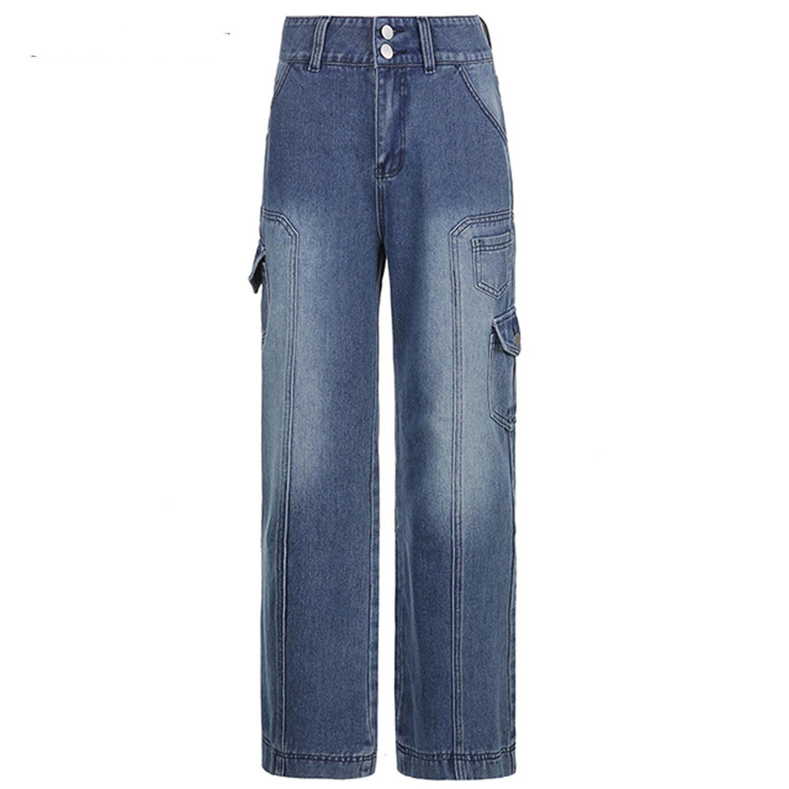 UKKO Jeans da Donna Donne in Vita Jeans A Vita Alta Tasche di Modo Patchwork Pantaloni da Carico Baggy