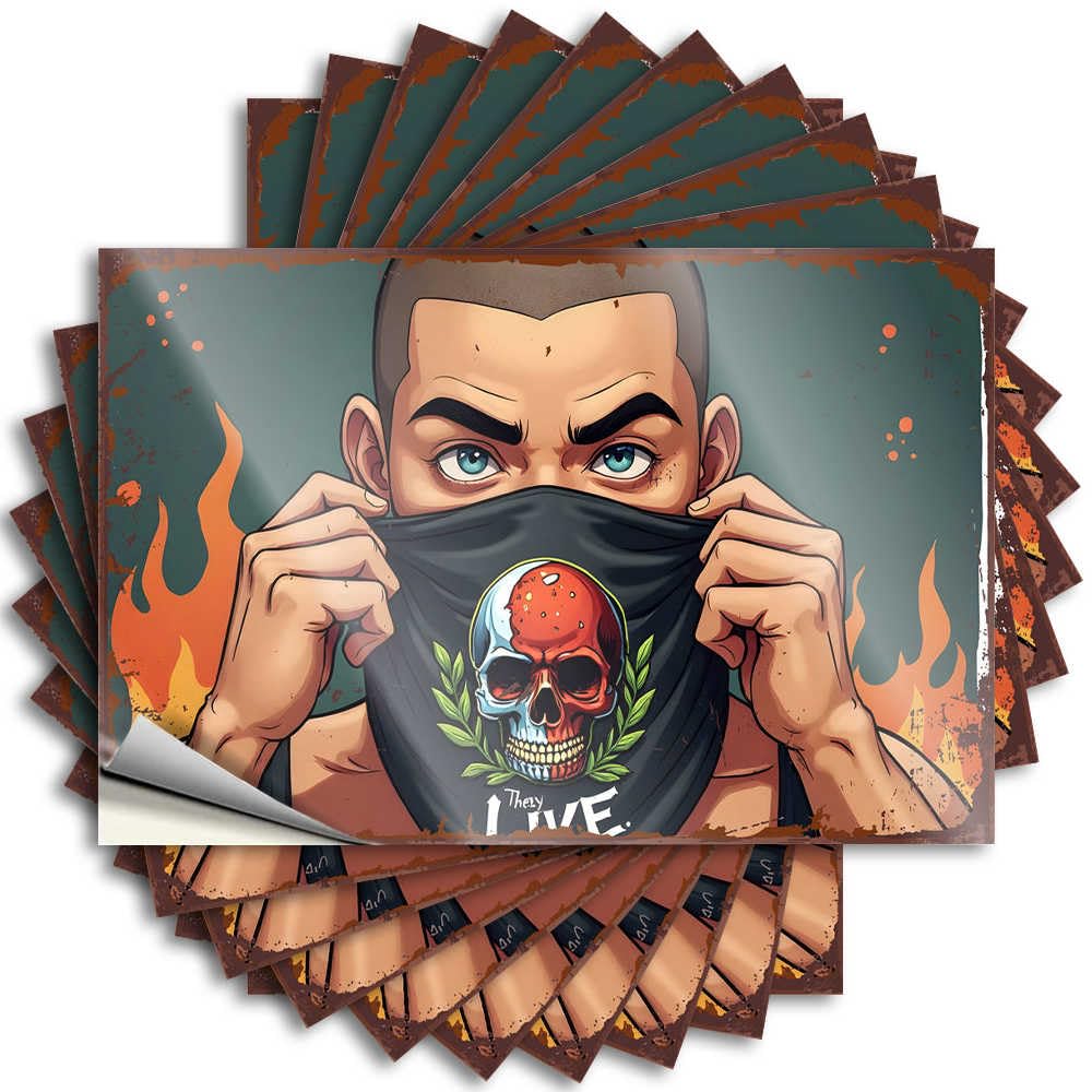 Fzfn Colour Stuff Tattoos Durable Tumbler | Bold Graphic Skull Bandana With Fiery Background Encouraging Self Adhesive Sticker For Free Diy(8X12cm)