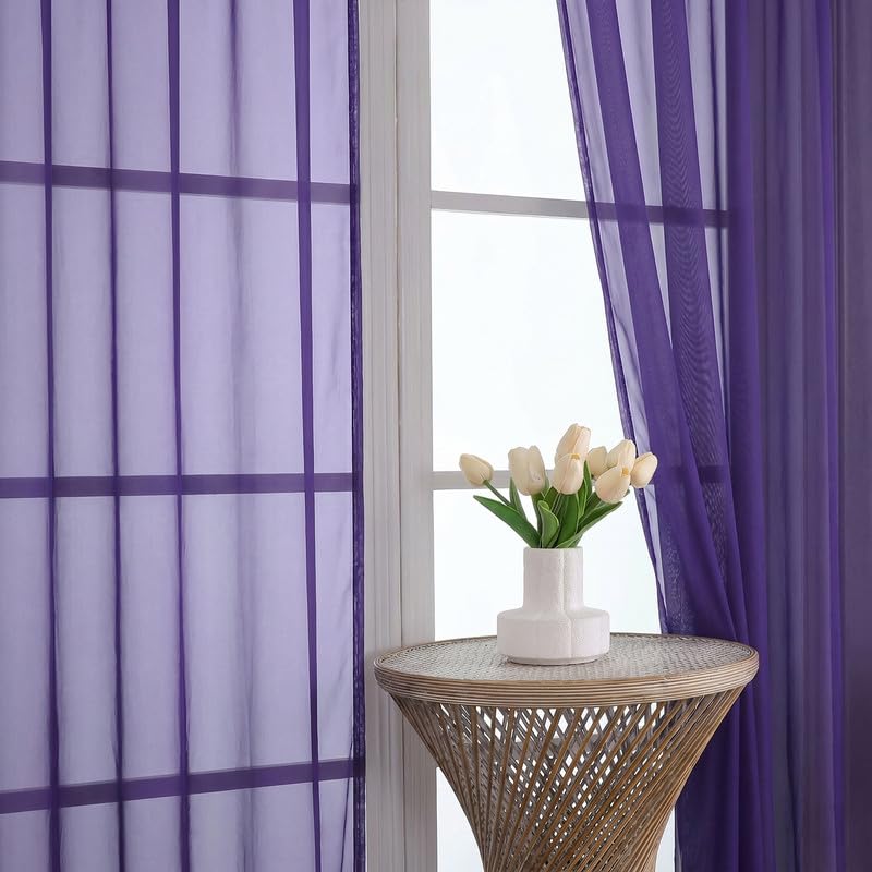 Image of OVZME Purple Sheer Curtains 54 Inches Long 2 Panels - Soft Light Filtering Window Sheer Panels for Living Room /Bedroom, Top Dual Rod Pocket, 1 Pair, Each 42Wx54L Inches