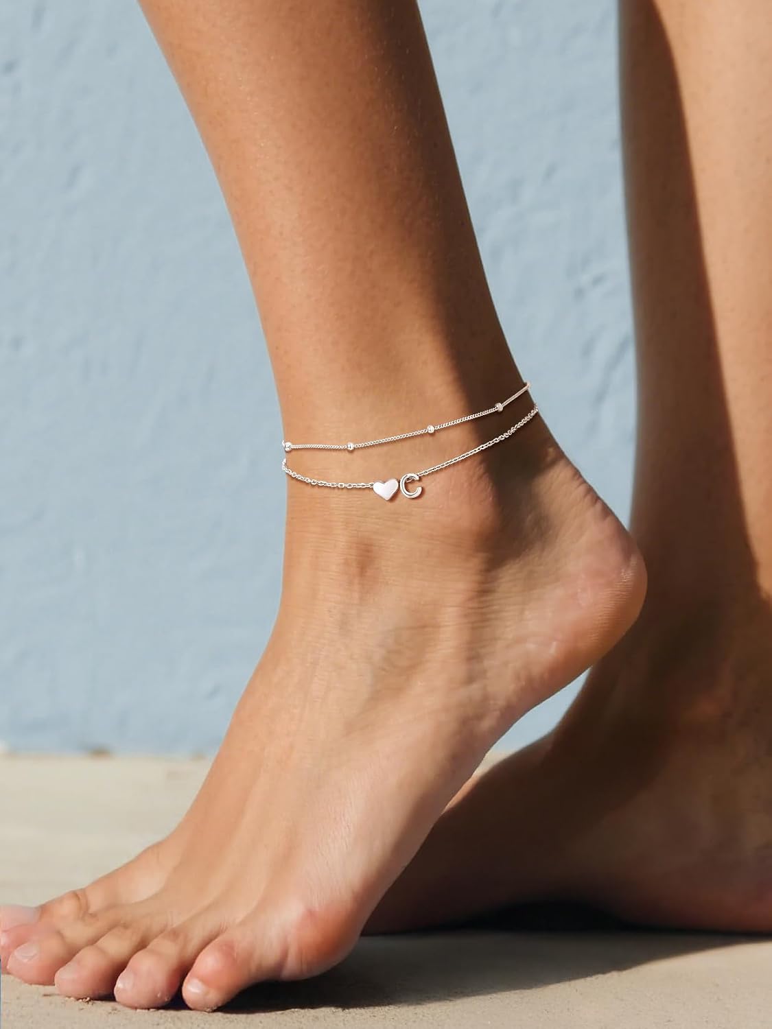 SILVERCUTE Silver Anklets for Women, Waterproof Initial Heart Ankle Bracelets Sterling Silver, Adjustable Layered Foot Jewelry Summer Beach Fashion with Personalized Name Design, Gift Package
