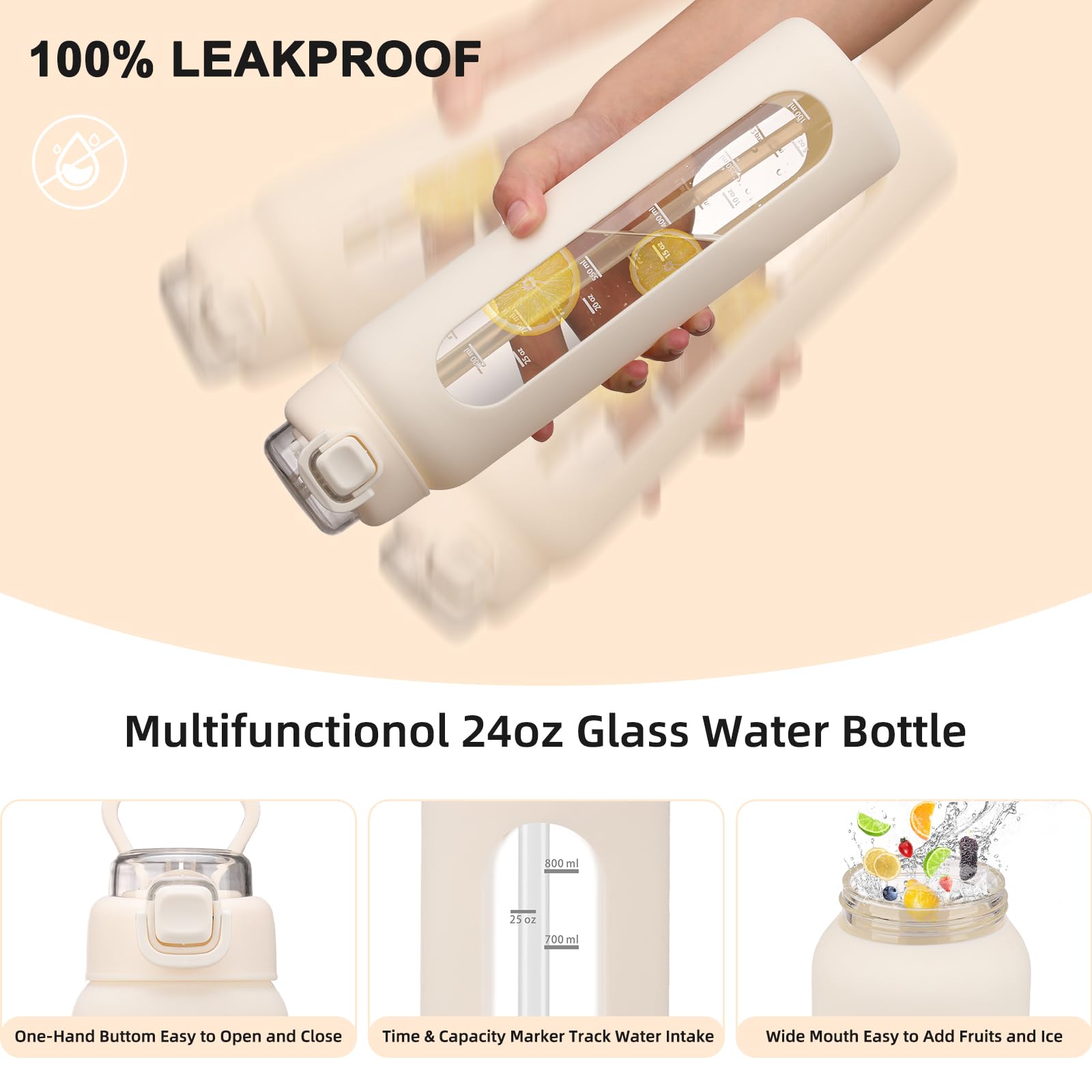 chunmo Bouteille d'eau en verre de 710 ml avec 2 couvercles, couvercle à bec verseur et couvercle à paille, bouteille d'eau motivante avec marqueur de temps et manchon en silicone, étanche, blanc