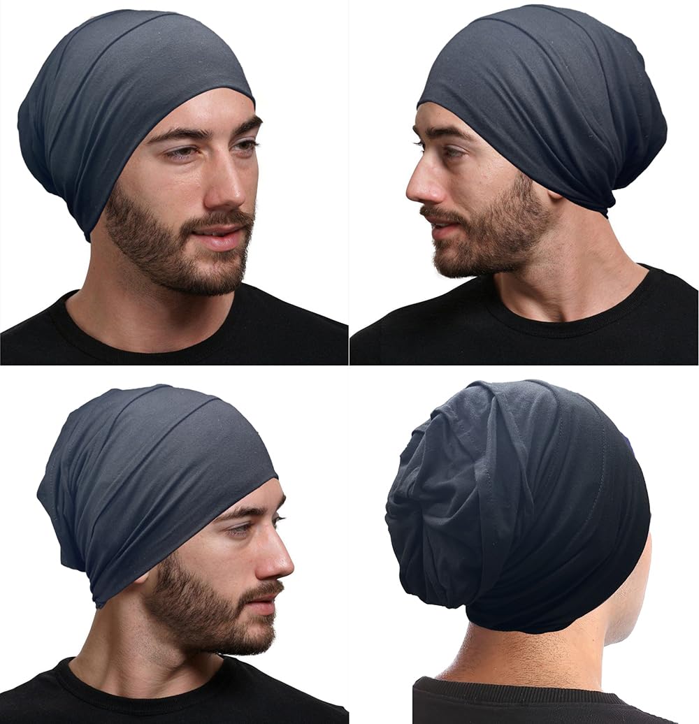 JarseHera 2PCS Cotton Slouchy Beanie Chemo Headwear Soft Slouch Cancer Caps Hats Head Cover for Hair Loss Black+Light Gray