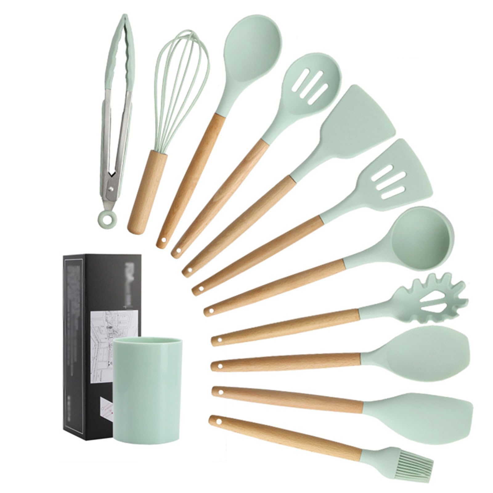 11 Pezzi Set Utensili Cucina Silicone, Set Di Utensili Da Cucina Con Porta Utensili, Mestoli Cucina Silicone Antiaderente Con Manico in Legno, Pentole, Set Mestoli Cucina Resistenti Al Calore