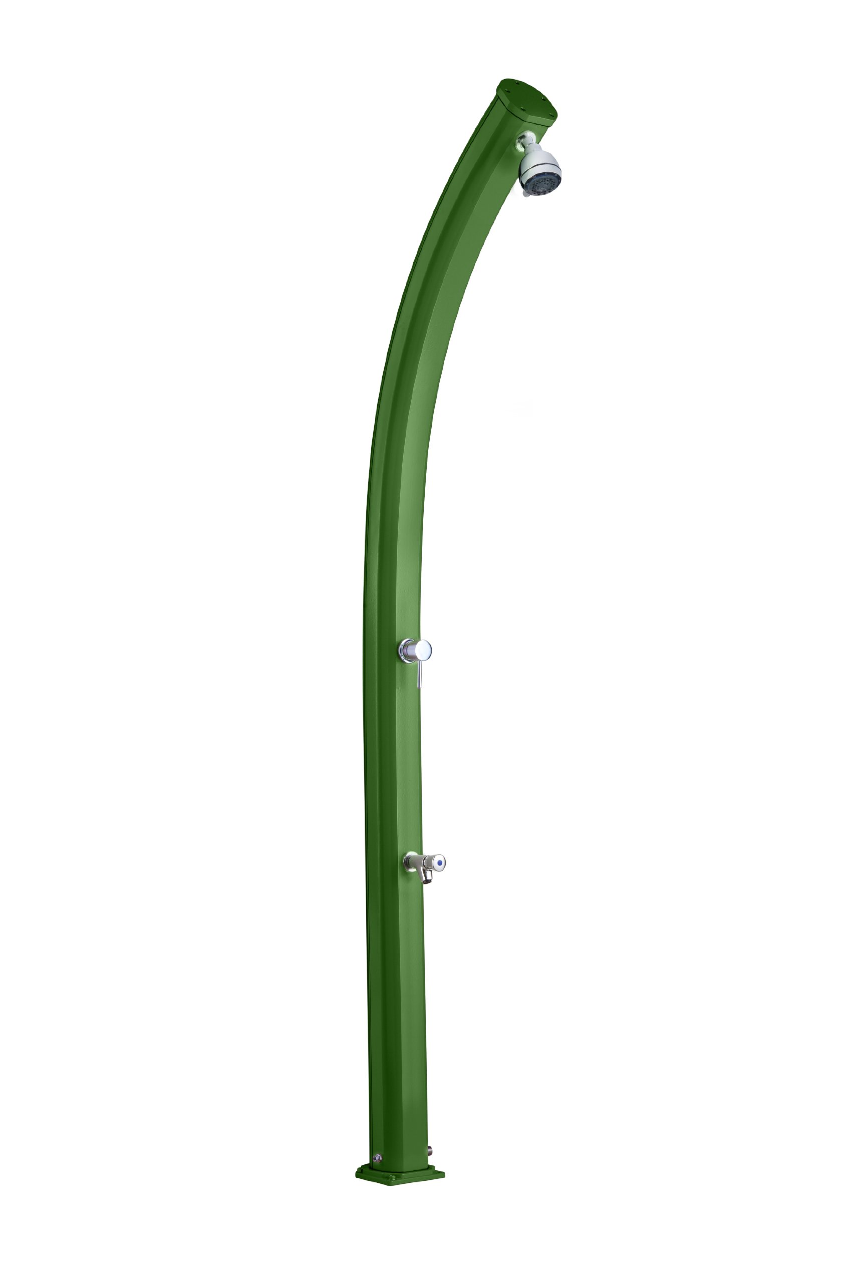 Douche solaire ARKEMA A520 / 6016 Jolly Couleur Vert Turquoise RAL 6016 Douche extérieure en aluminium anticorrosion Forme courbée Chauffage à énergie solaire Avec Mitigeur et Rince pieds Réservoir 25 litres Hauteur 226 cm