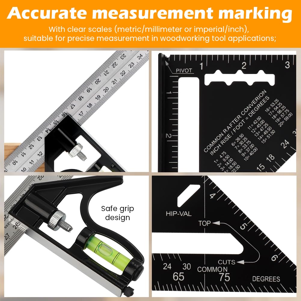 Combination Square Woodworking Ruler Tools,7inch Carpenter Square Wood Working Tools and Accessories,12inch Aluminum Carpenter Squares,Combo Squares(Black)