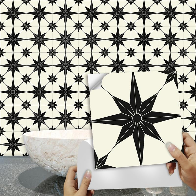 Tile Stickers Black Stars 10x10cm Peel & Stick Tiles, Self Adhesive Waterproof Oilproof for Kitchen Bathroom, 10 PC
