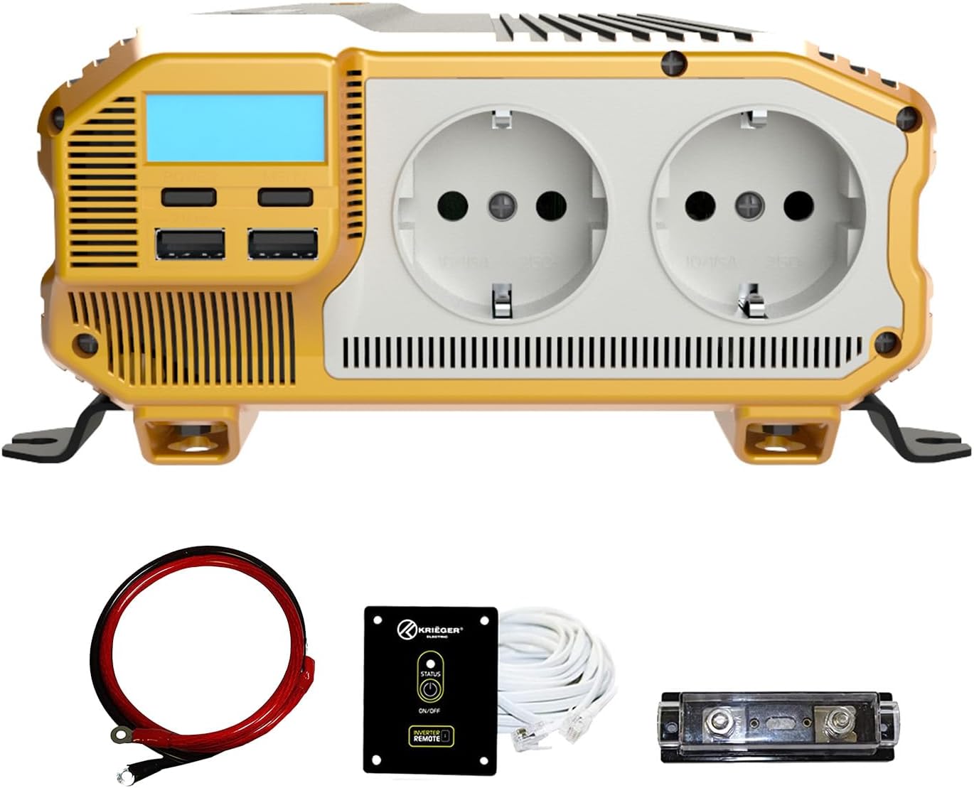K KRIËGER Power Inverter 12V to 230V, Modified Sine Wave Car Inverter, Dual 230 Volts European AC Outlets, DC to AC Converter with Installation Kit Included - SGS CE Approved (1500 Watts)