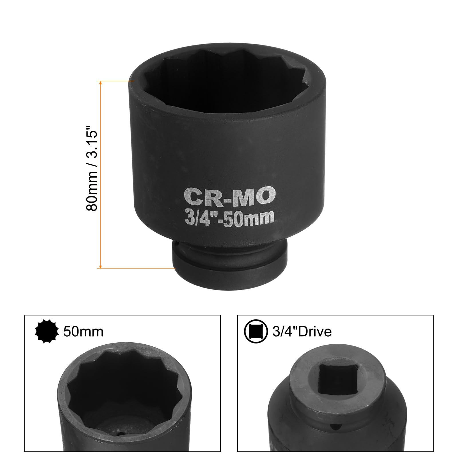 uxcell 2 llaves de vaso de impacto de 12 puntos de 3/4 pulgadas de 50 mm para reparación de automóviles, fácil extracción