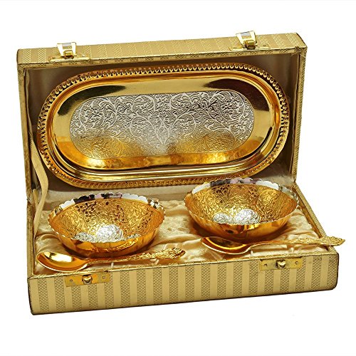 R Ayurveda Copper German Silver and Gold Plated Bowls with Royal Golden Box – Set (Pure Gold&Silver) Plated for Gift and Promotional Gift Return Gesture Set of 5 pcs