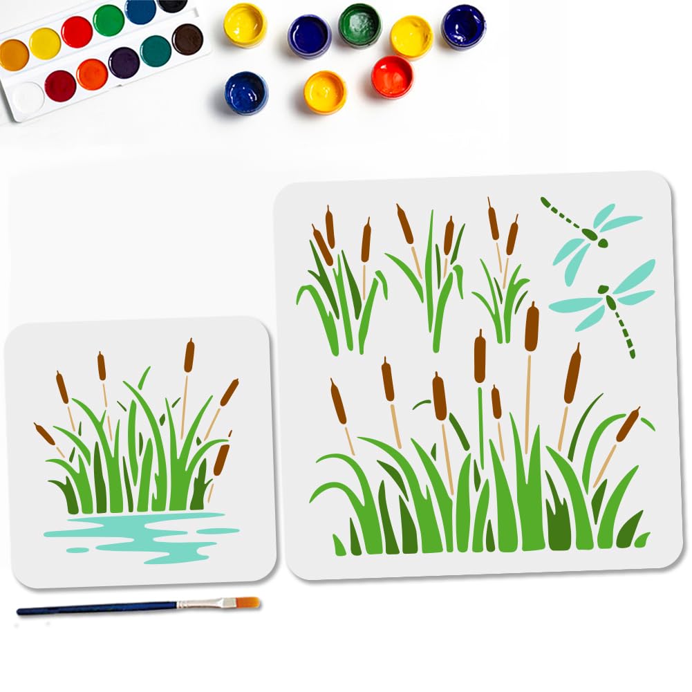 MAYJOYDIY 2pcs Reed Grass & Dragonfly Stencil Set - Multi-Size Reusable Templates (12x12 & 8x8 Inch) with Paint Brush for Botanical Wall Decor, Window