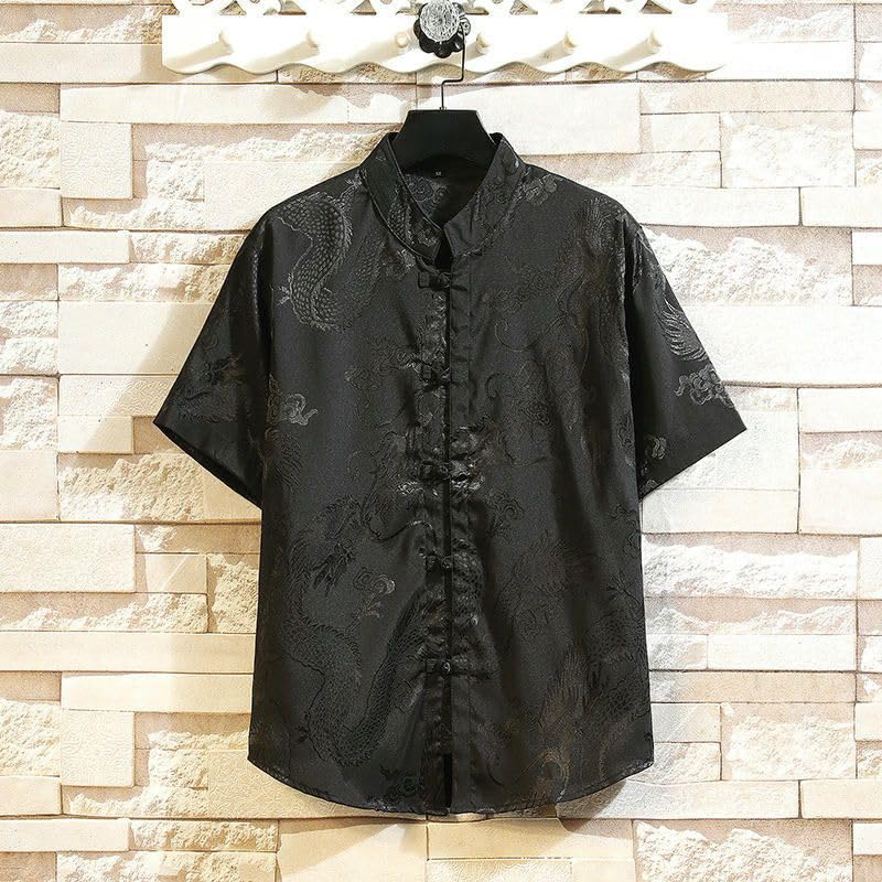 Chemise col montant style chinois rétro ample pour hommes à manches courtes - 3