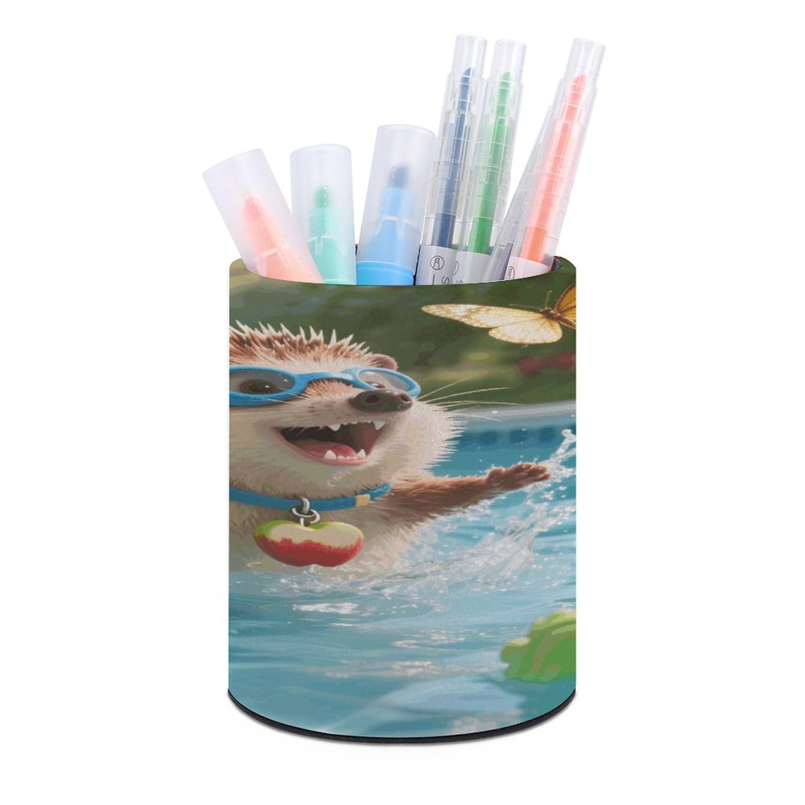VstaDank Hedgehog Pool Dash Pen Holder Round Pencil Holder Cup Pen Container PU Leather Desk Organizer Stand Decor Brush Scissor Holders Decoration Office Desk Home (3.1 X 3.9 Inches)