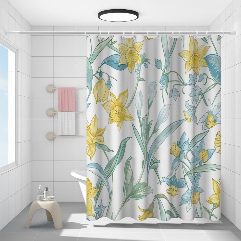 FYFMUSHE Vintage Daffodils Shower Curtain for Bathroom, Rustic Floral Yellow Blue Flower Waterproof Polyester Fabric Bath Curtain with 12 Hooks, Bathtub Privacy Decor, 183 x 183 cm