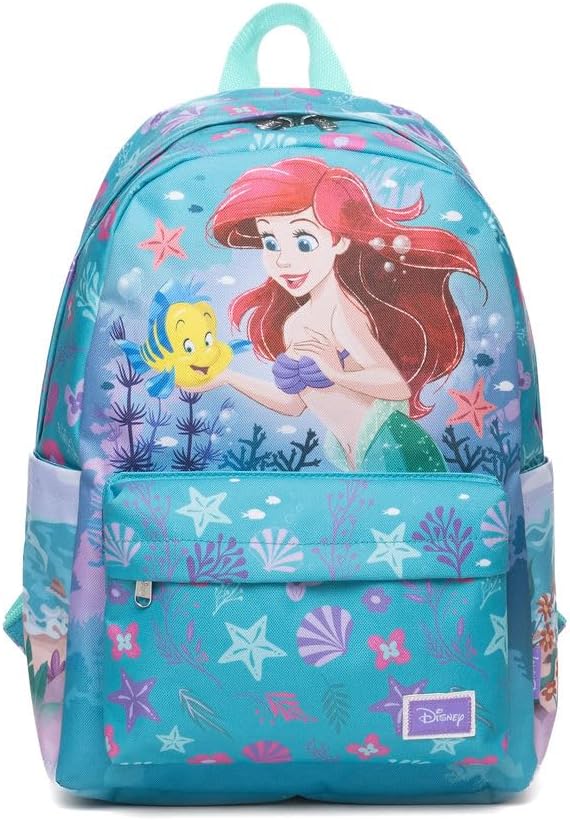 Wondapop Disney Princess Ariel Backpack 16” Girls School Backpack with Laptop Sleeve, Front Pocket & Side Pockets, The Little Mermaid Bookbag for Kids