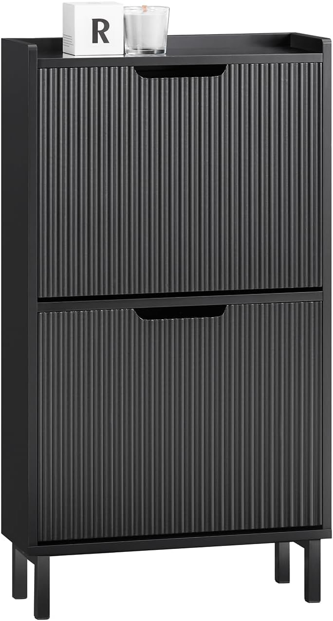 SoBuy Narrow Shoe Rack with 2 Flip Drawers Slim Wooden Shoe Storage Cupboard for Hallway Entrance Foyer or Understairs Black W50 x D19 x H90cm FSR177-SCH