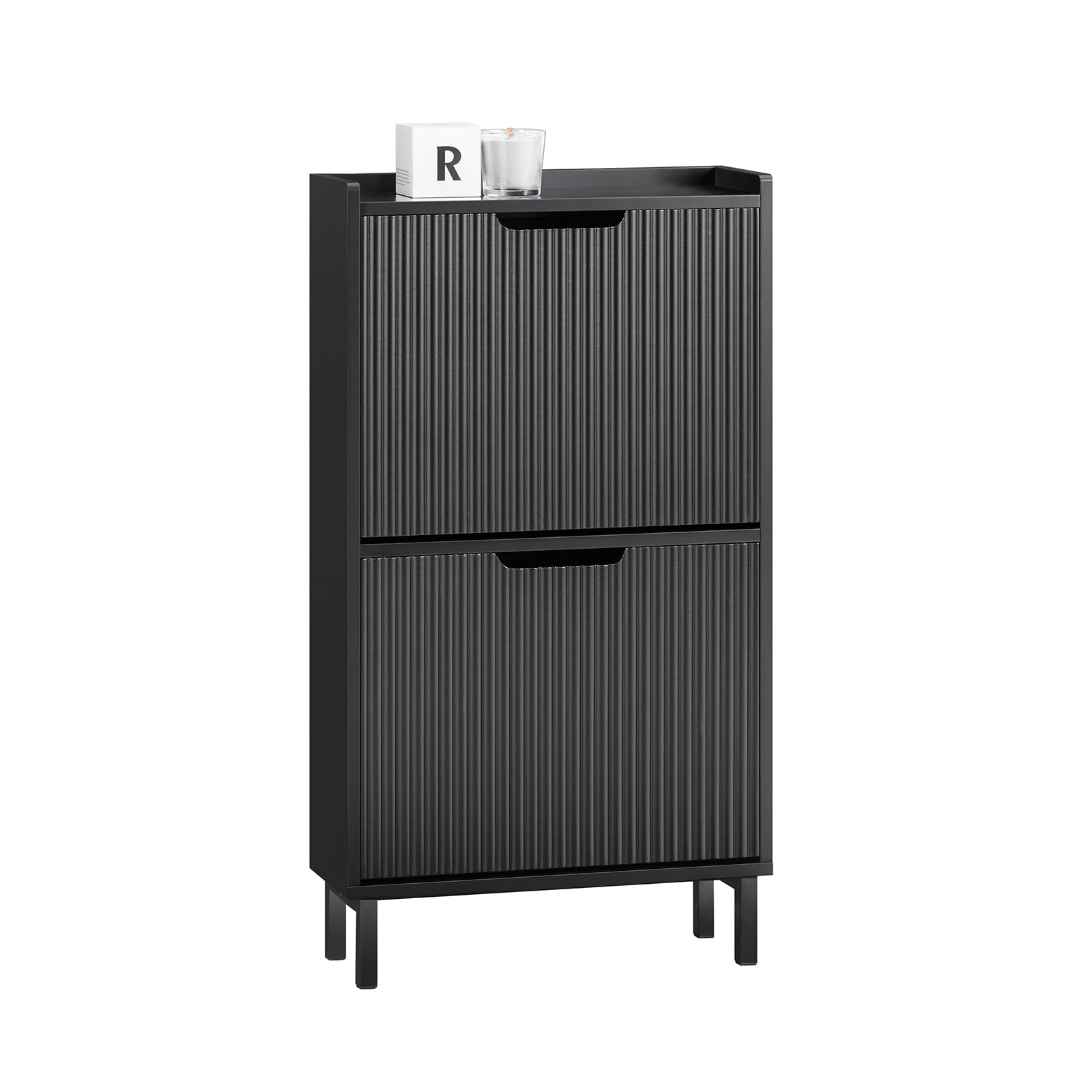 SoBuy Narrow Shoe Rack with 2 Flip Drawers Slim Wooden Shoe Storage Cupboard for Hallway Entrance Foyer or Understairs Black W50 x D19 x H90cm FSR177-SCH