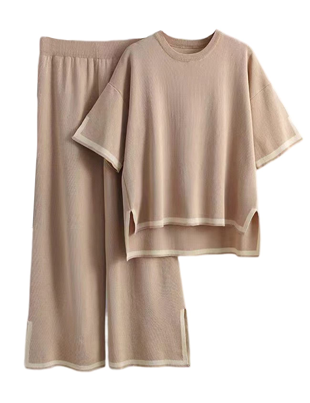 Arssm 2 Piece Sweater Set Women Short Sleeve Knit Pullover Tops Elastic Waist Wide Leg Pants Lounge Set