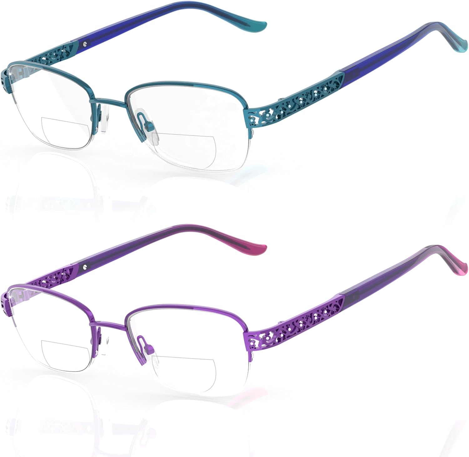 Bifocal Reading Glasses for Women Clear Zero Top Half Metal Rim Blue Light Blocking Computer Readers Soft Nose Pad
