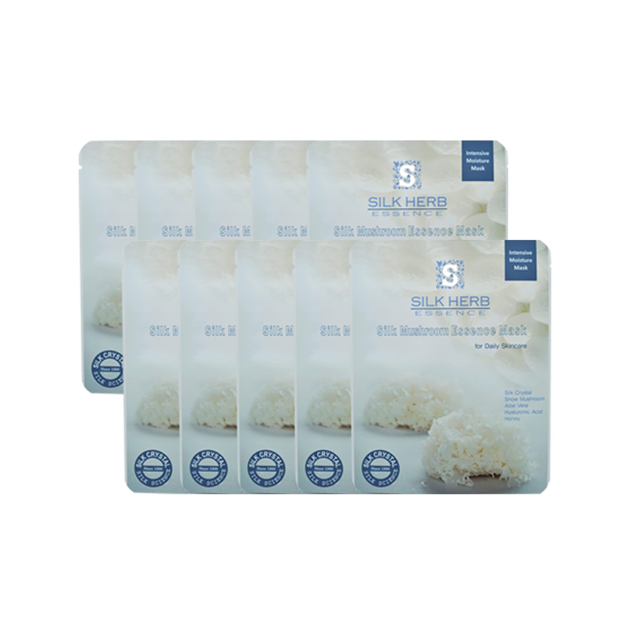 Silk Mushroom Essence Mask Sheet (Pack of 10) w/Silk Crystal, 100% Broccoli Sprout Water, Snow Mushroom Essence | Korean Premium Natural Facial Mask