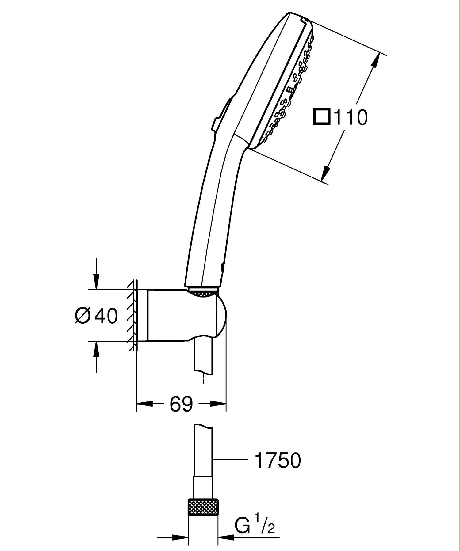 GROHE Vitalio Comfort 110 Set Supporto a Muro (3 getti Rain Jet Massage, supporto fisso, flessibile, SpeedClean anticalcare), Cromo, 26176001