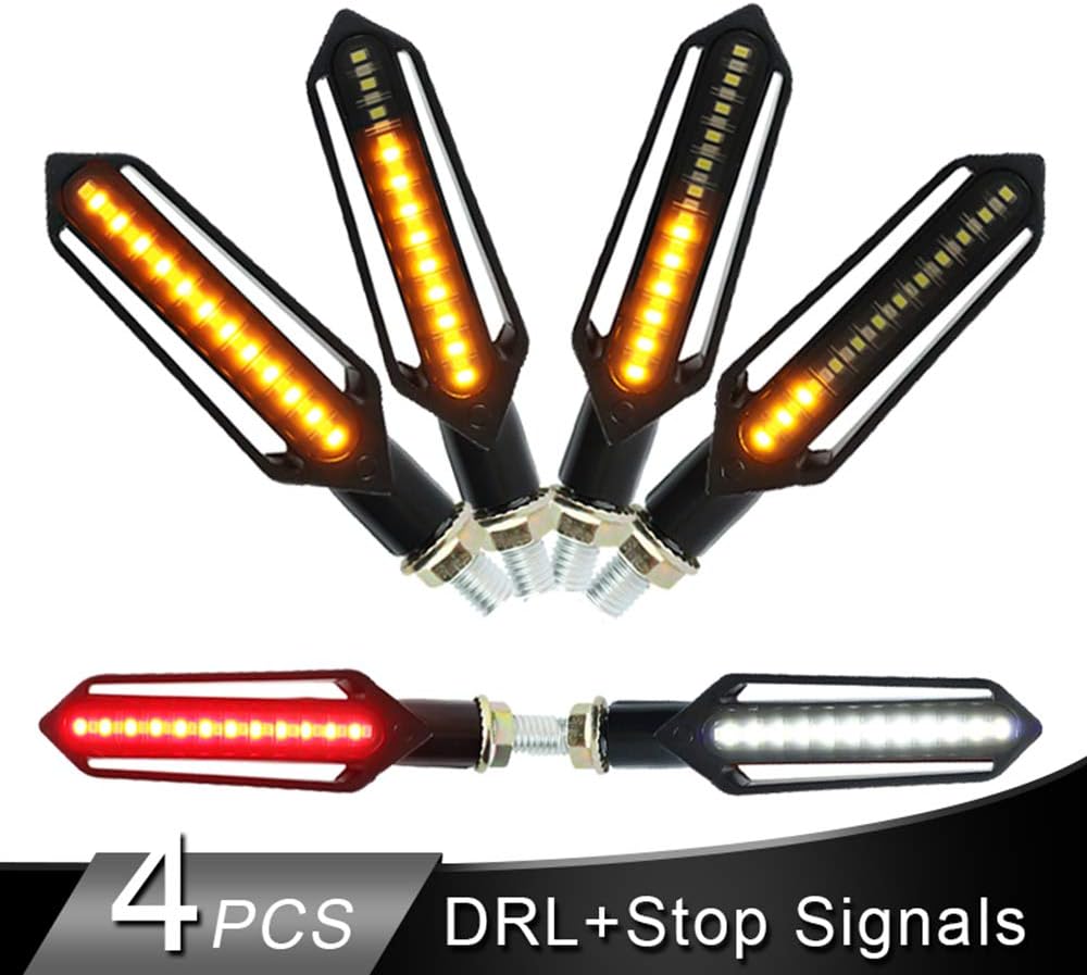 TOPWINRR Motorcycle LED Indicators Amber Flowing Turn Signal Light Front White Daytime Running Light + Rear Red Brake Lights (Pack of 4)