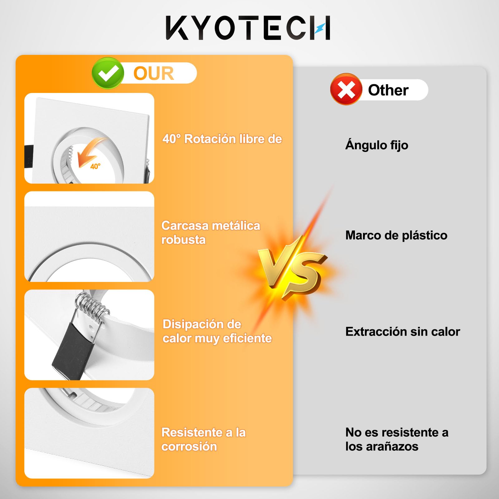 KYOTECH Juego de 6 focos empotrables con marco GU10, color blanco, orientable, cuadrado, incluye portalámparas GU10 para bombillas halógenas, módulo LED MR16