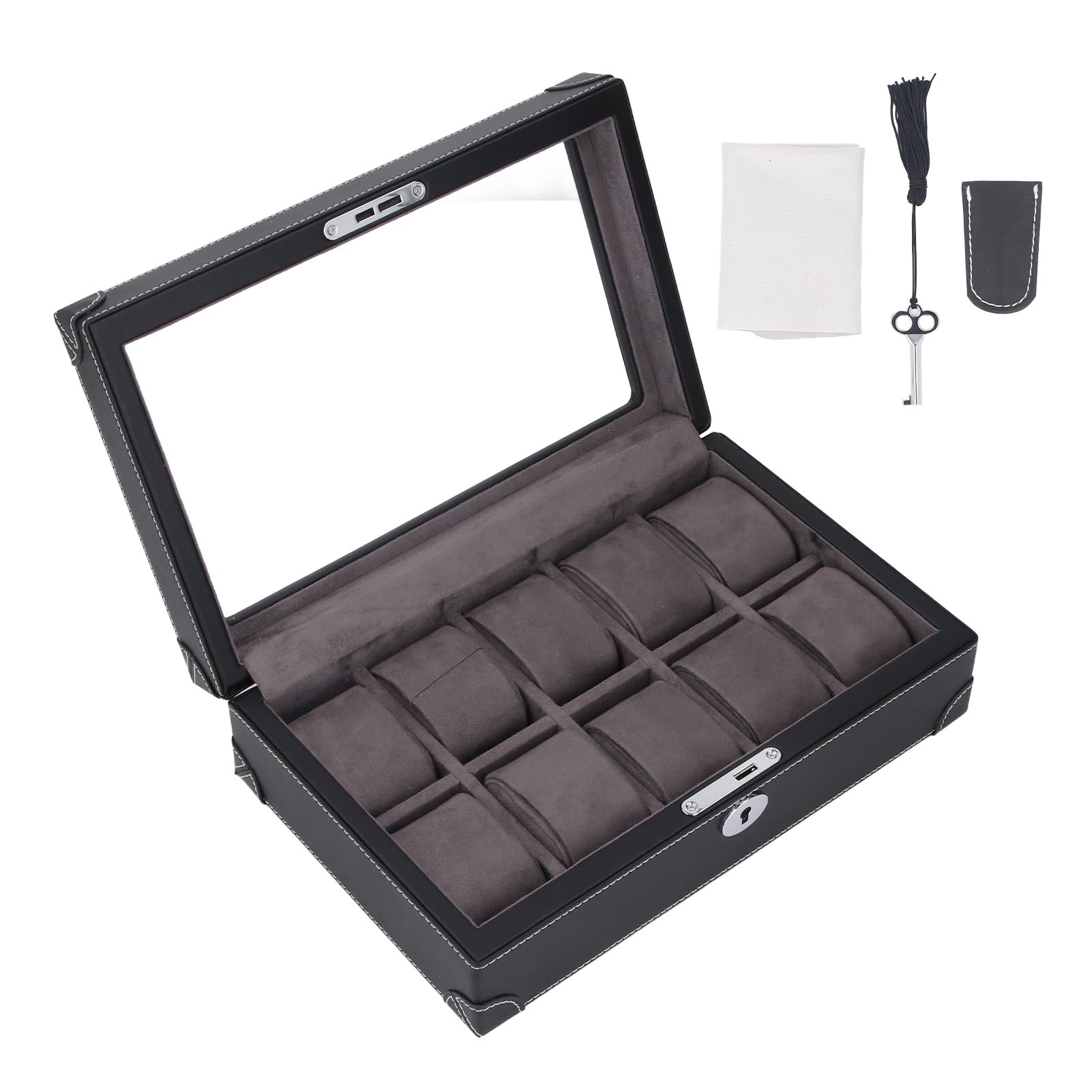 Aramox Organizer Porta Orologi, Scatola per Orologi in Super Fibra con Finestra in Vetro, 10 Scomparti, Fodera in Velluto, Custodia con Serratura per Collezionisti di Viaggi d'affari, Display (BLACK)