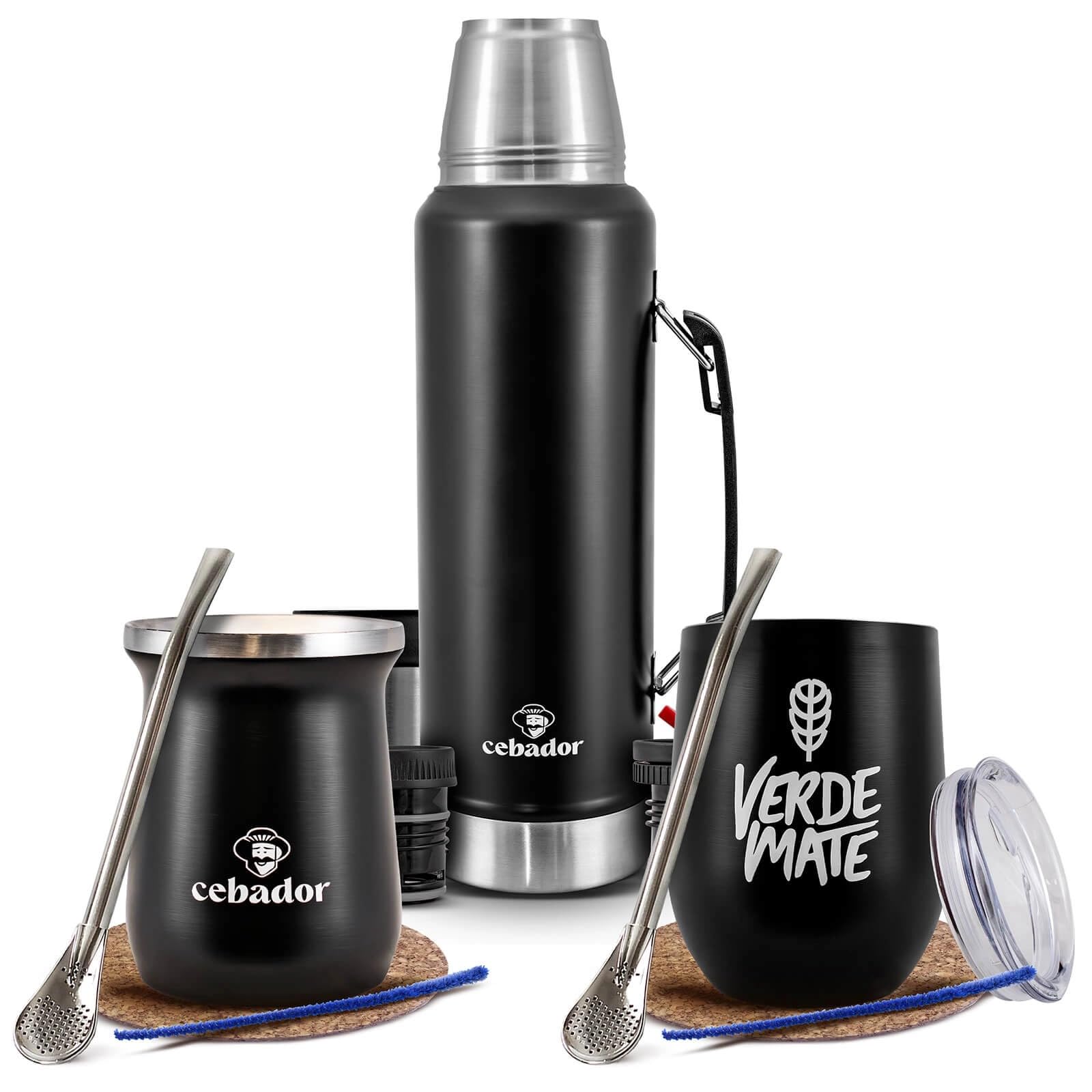 Kompletny zestaw Verde Mate Yerba Mate – termos Largoinox 1,2 l + 2 termosy + bombilla ze stali nierdzewnej + podstawka korkowa + szczotka do czyszczenia