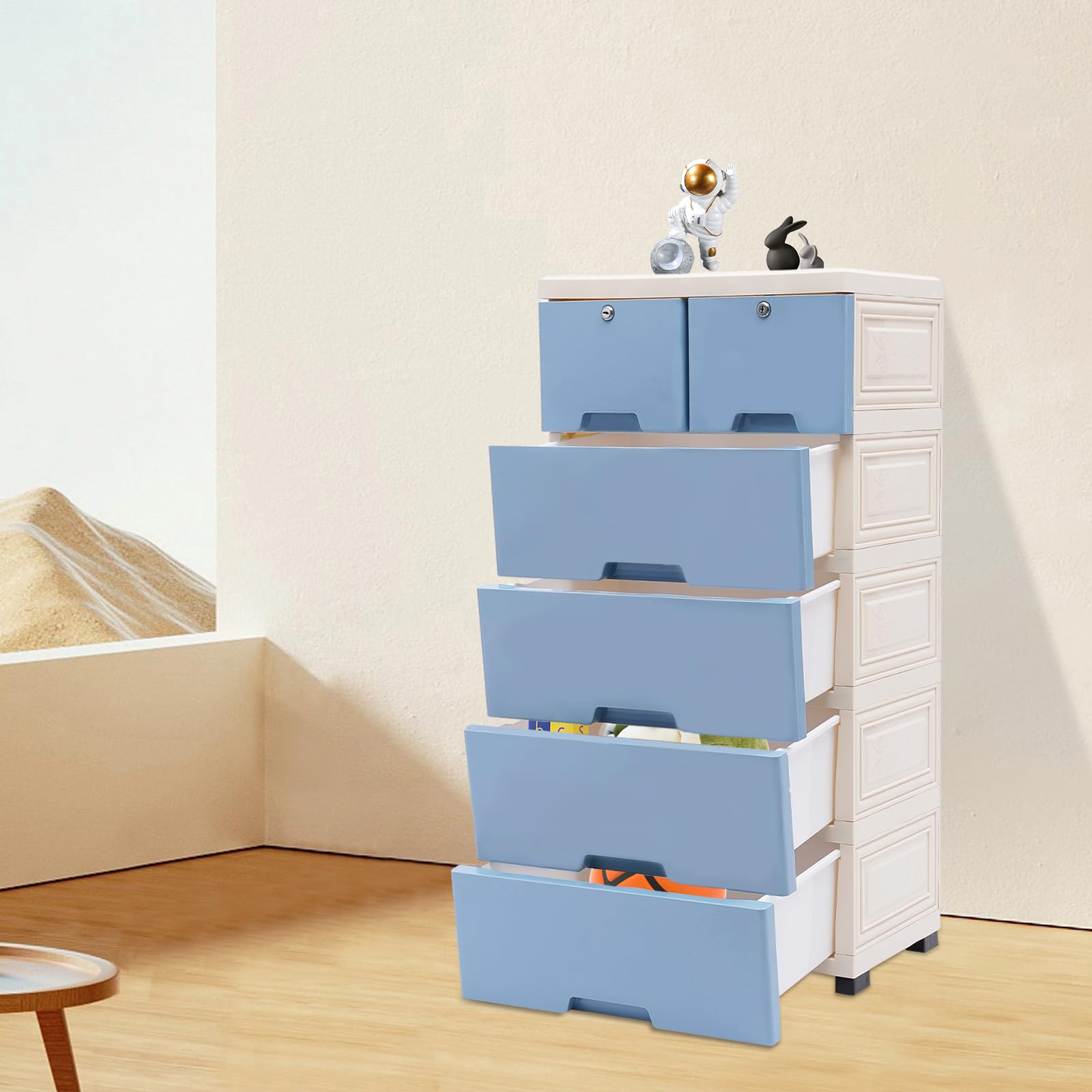Cajonera de 6 cajones apilable vertical con ruedas y cerraduras, mueble de plástico para pasillo, entrada, muebles para el hogar (azul)