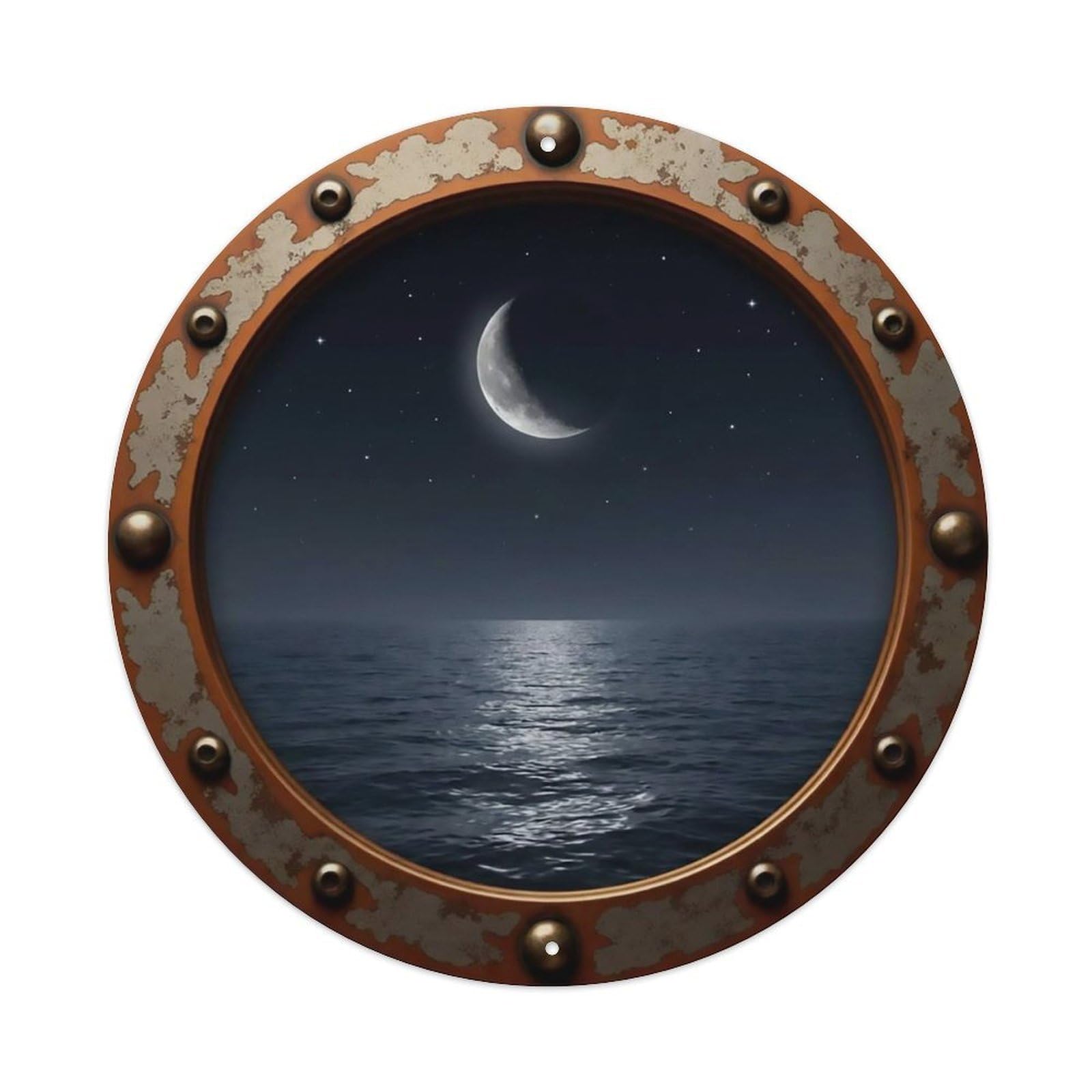 Vintage Porthole Waning Moon Night View Metal Tin Sign