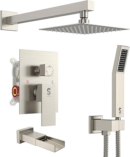 SR SUN RISE Sistema de ducha cuadrado de metal de 8 pulgadas con boquilla de bañera, juego de grifo de ducha de bañera, cabezal de ducha de lluvia