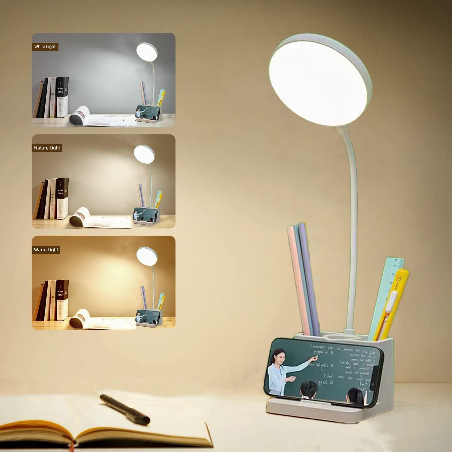 Plastic Desk Lamp Dimmable Table Lamp Reading Lamp with Charging Port 3 Colour Mode Touch Control Eye Caring Desk Lamp for Work Study - White (King)-image-9