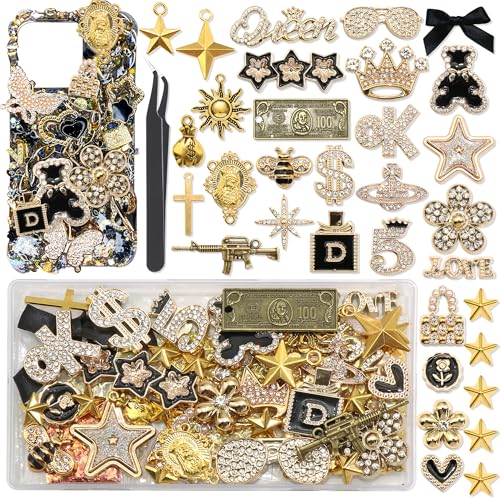 BELICEY Gold Junk Case Charms Kit, Junk Phone Cases with Big Charm Sparkly Rhinestone Star Cross Jewelry Making Charm Punk Aesthetic Big Decor for Customizing Case DIY Craft