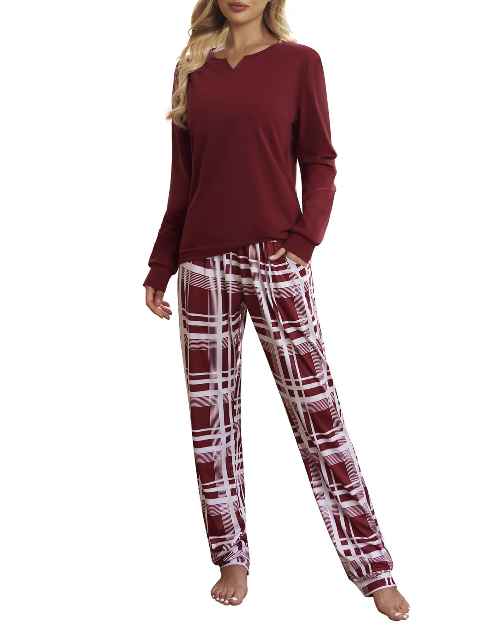 ZOEREAWomen's Pyjamas Set Long Sleeve Checked Nightwear V-Neck Soft  Loungewear Pjs Set Sleepwear with Pockets Drawstring