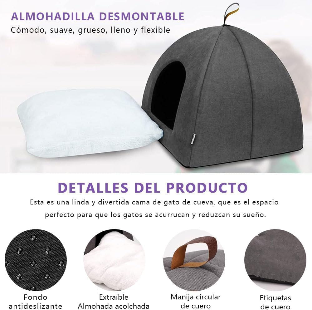Voarge Cueva Suave y Cálida para Gato, Cama de Felpa con Cojín Interior Extraíble y Lavable, Gris, Medium